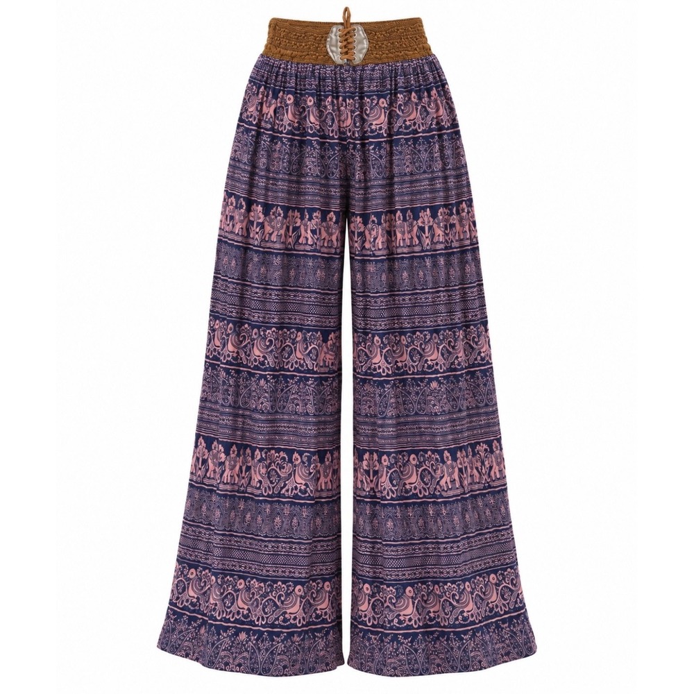 Boho Elephant Paisley Wide Leg Palazzo Pants Navy Pink Smocked Waist Lined